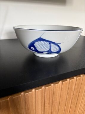 Vintage  Chinese Hand Painted Koi Fish Serving Bowl Blue  9 in